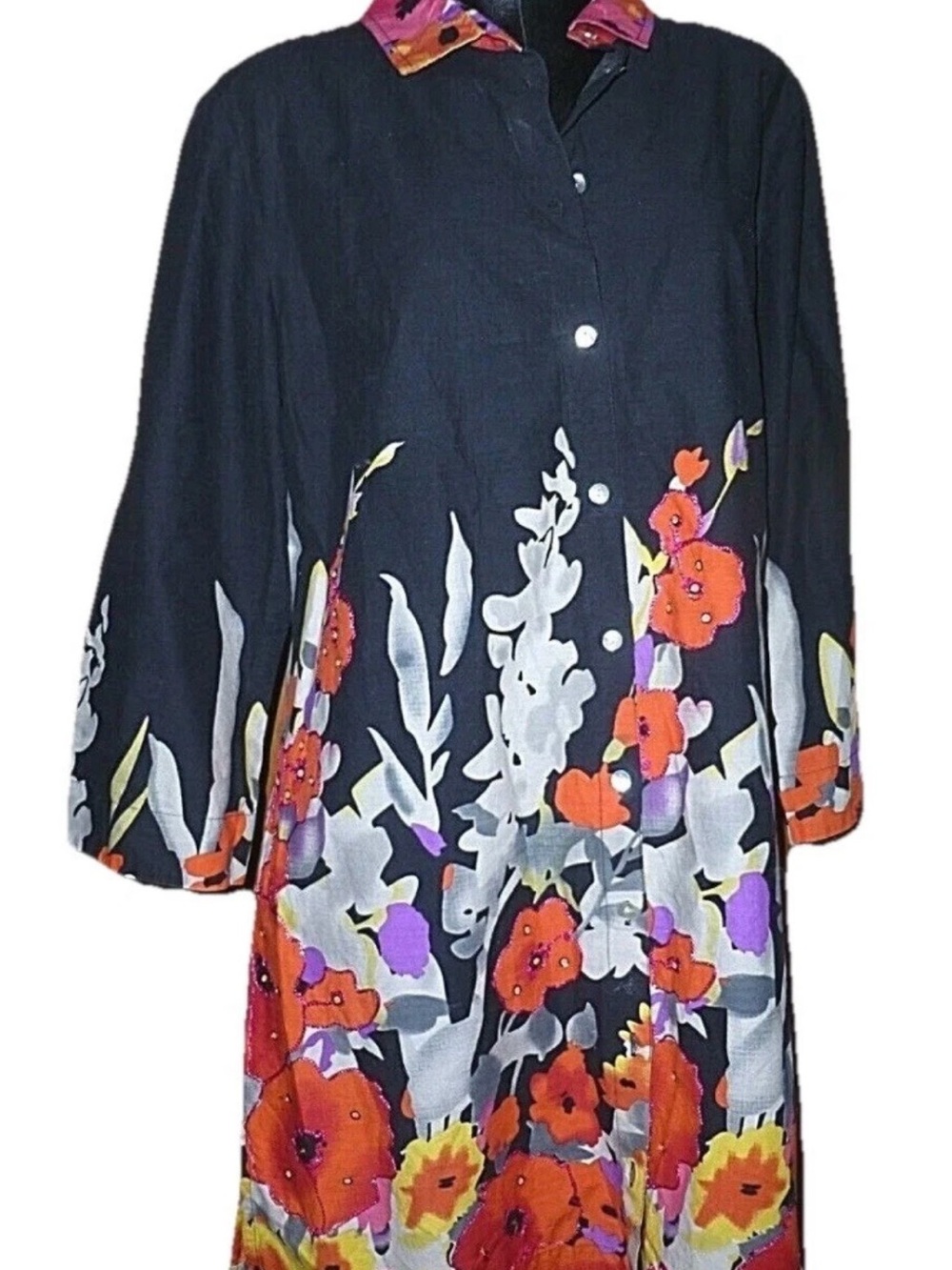 Soft Surroundings Black Tunic with Orange and Purple Floral Border